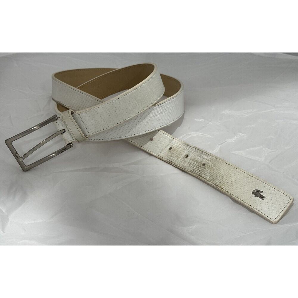 Lacoste Golf Belt Mens 42 White Genuine Leather Silver Tone Crocodile 25155